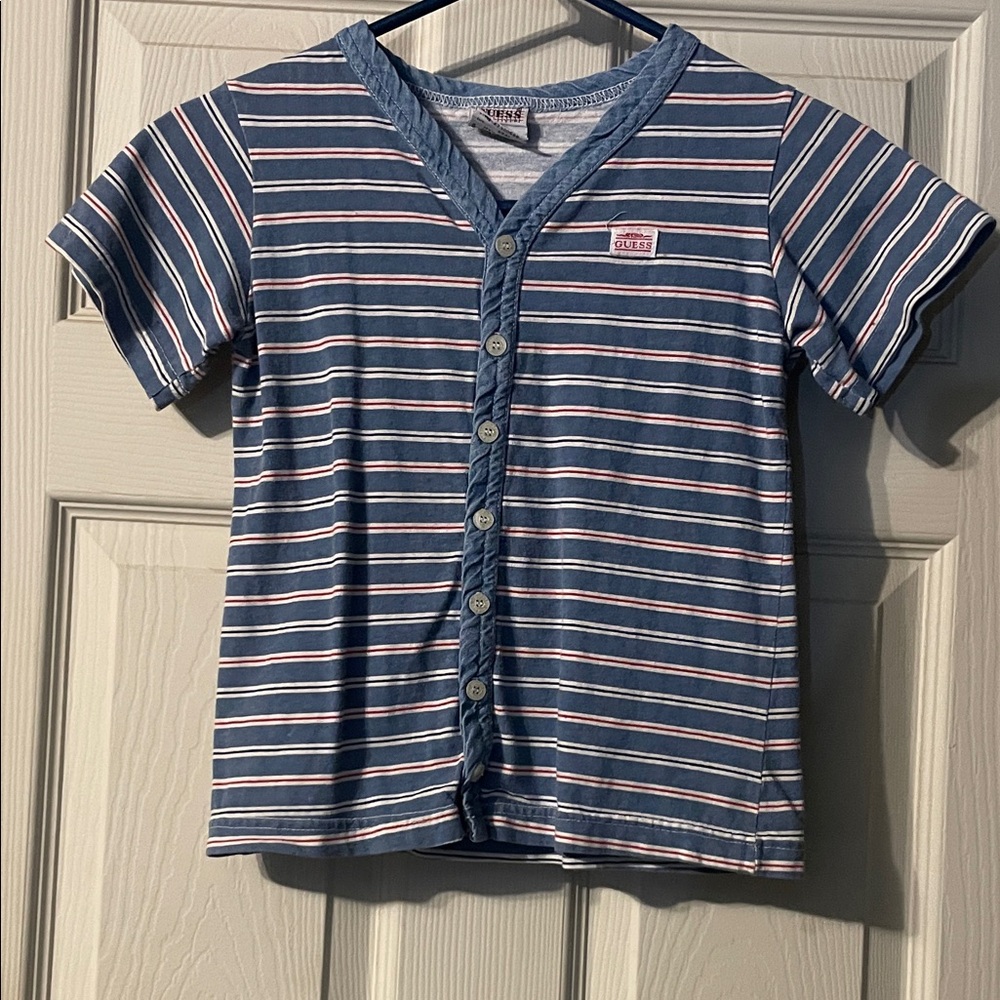 Guess Blue and White Striped Button-Down Shirt
